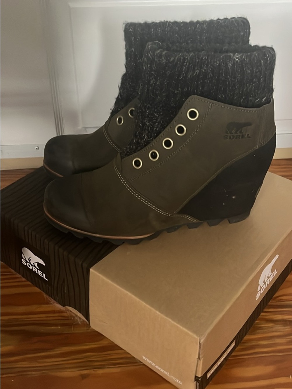 Sorel Olive Wedge Ankle Boot with Charcoal Knit Cuff